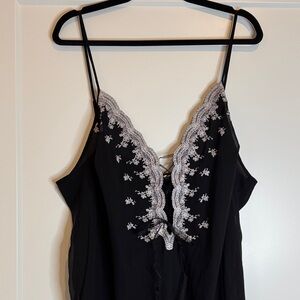 Plus Black Chiffon Maxi Slip with Lace Up Front and Pale Pink Floral Embroidery